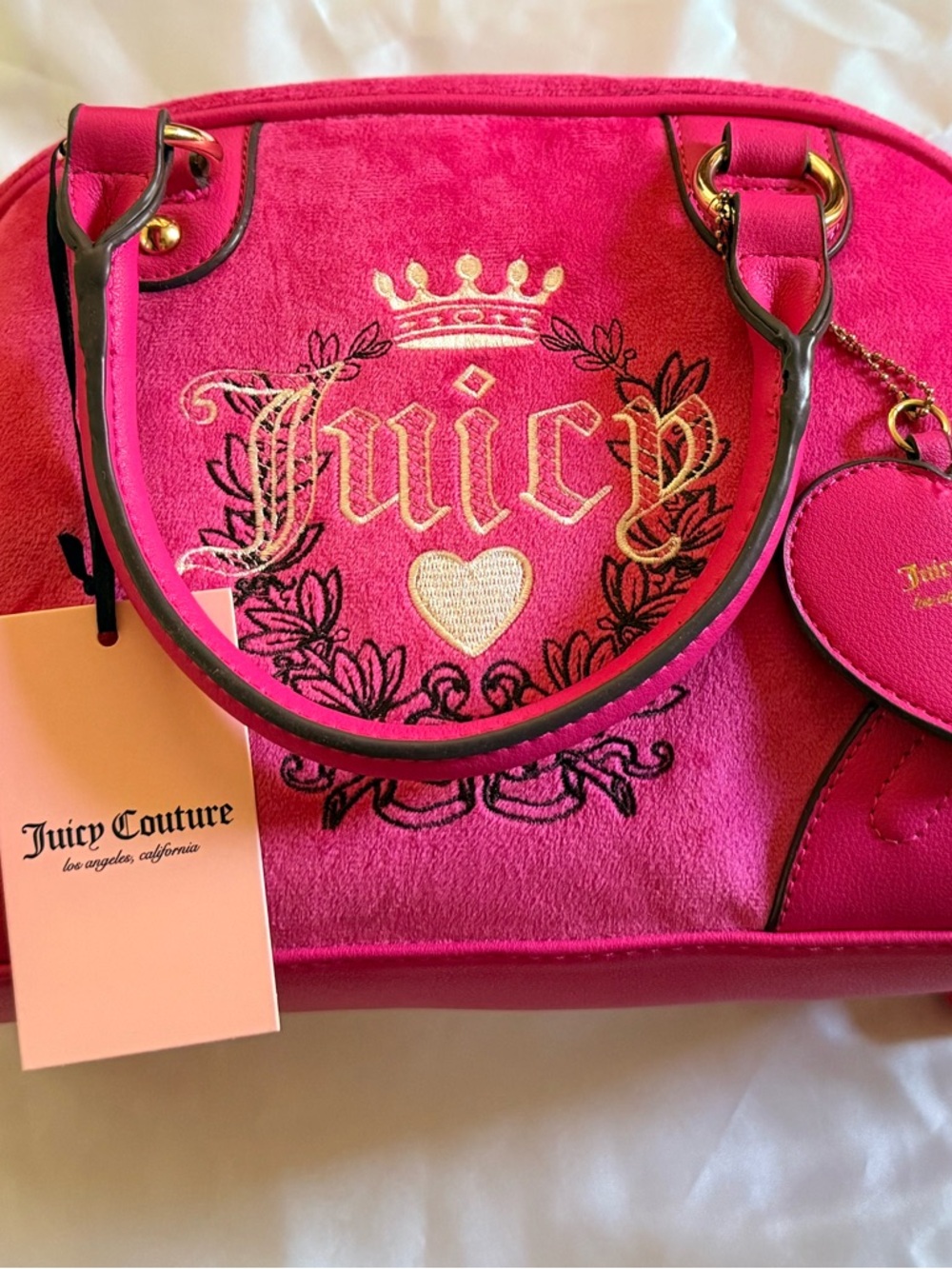Juicy Couture Bowler Bag Hot Pink Velour Satchel with Gold Accents